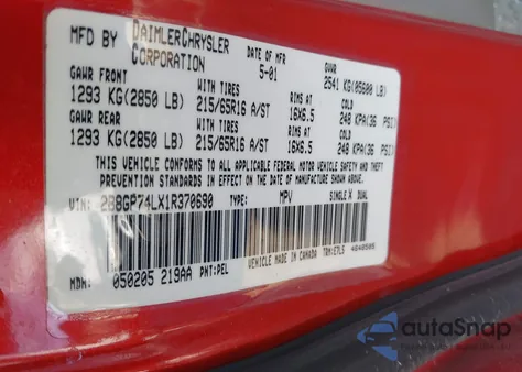 2001 Dodge Grand Caravan Ex из США, поврежденный, VIN 2B8GP74LX1R370690